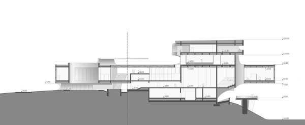 Архитектурная концепция музея современного искусства в Уфе. разрез 1-1 © TOTEMENT/PAPER