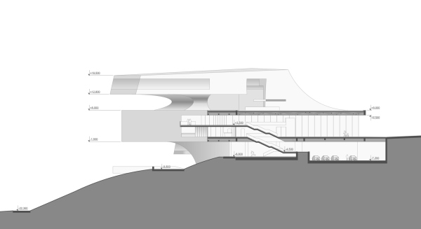Архитектурная концепция музея современного искусства в Уфе. Разрез 3-3 © TOTEMENT/PAPER