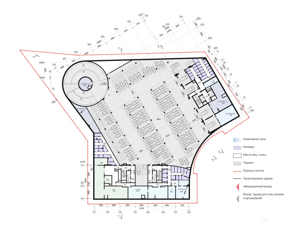 Архитектурная концепция многофункционального жилого комплекса. План -1 этажа © Т+Т Architects