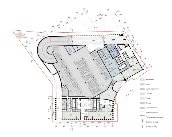 Архитектурная концепция многофункционального жилого комплекса. План 1 этажа © Т+Т Architects
