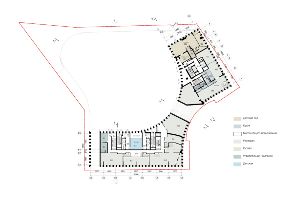 The architectural concept of the multifunctional housing complex. Plan of the 2nd floor Copyright: © Т+Т Architects