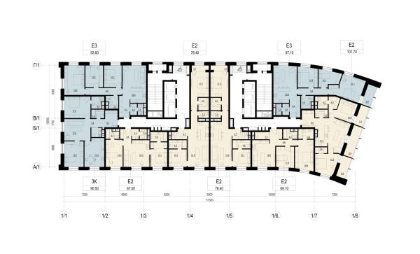 Архитектурная концепция многофункционального жилого комплекса. Корпус А. План 5-10 этажа © Т+Т Architects