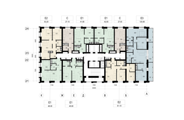 Архитектурная концепция многофункционального жилого комплекса. Корпус Б. План 5-7, 14-19 этажа  © Т+Т Architects