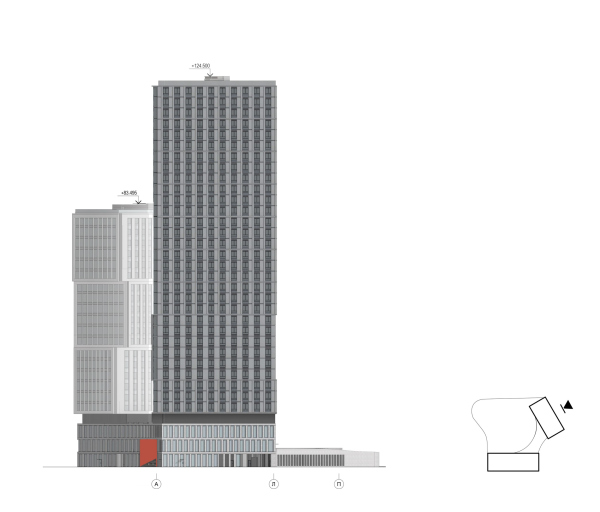 Архитектурная концепция многофункционального жилого комплекса. Фасад А-П © Т+Т Architects