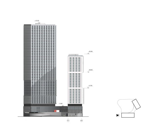 Архитектурная концепция многофункционального жилого комплекса. Фасад  Г/1-А/1 © Т+Т Architects