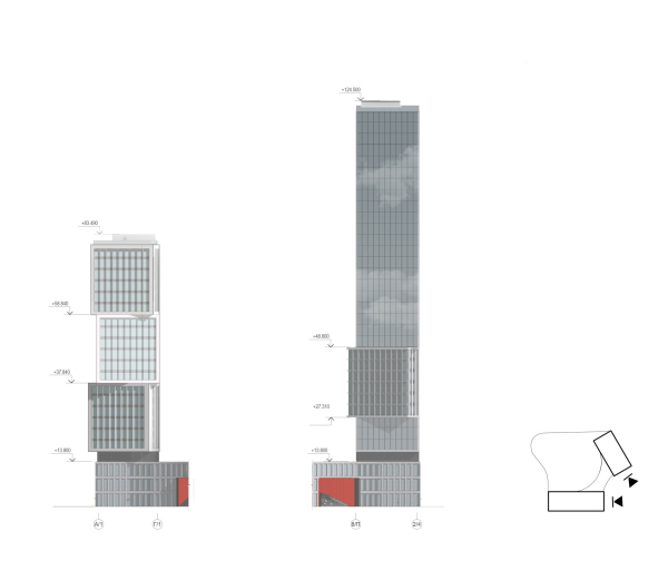 Архитектурная концепция многофункционального жилого комплекса. Фасад А/1-Г/1 и 8/П -2/4 © Т+Т Architects