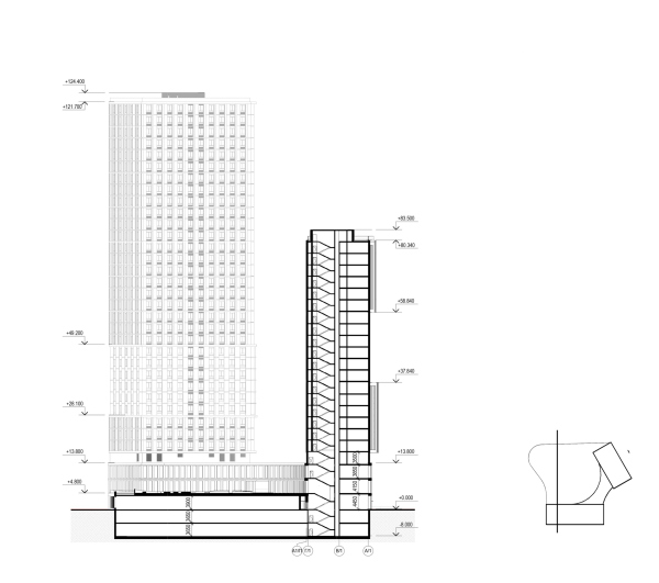 Архитектурная концепция многофункционального жилого комплекса. разрез 1-1 © Т+Т Architects