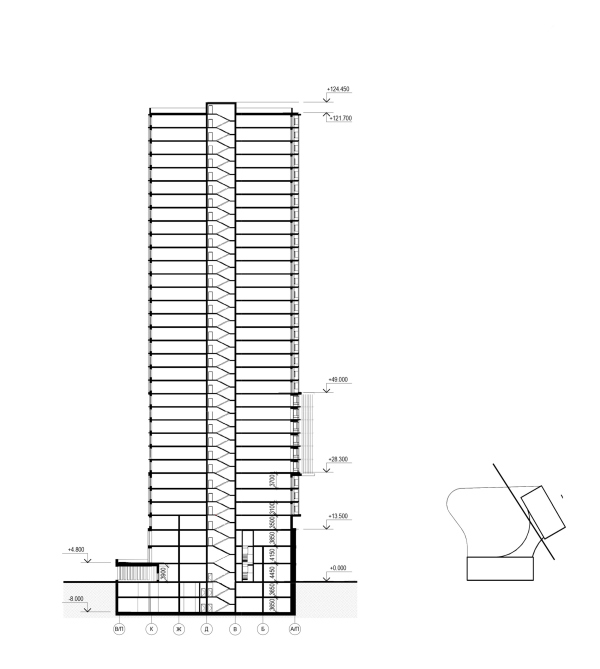Архитектурная концепция многофункционального жилого комплекса. Разрез 2-2 © Т+Т Architects