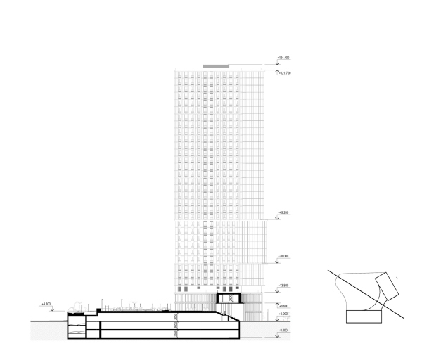 The architectural concept of the multifunctional housing complex. Section view 3-3 Copyright:  + Architects