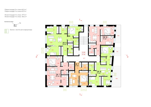 Многоквартирный жилой дом комфорт-класса. План 8-9 этажа © Базаев Максим