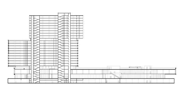 The multifunctional building. A longitudinal section view. The Balance complex Copyright:  Ginzburg Architects