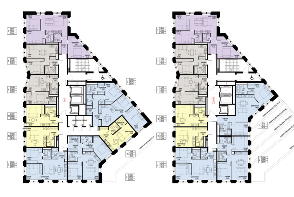 Building 2.1. Plan of the second and typical (6-13th) floors. Basic apartment layout. Residential Complex on Orenburgsky Tract, Kazan. Architectural concept Copyright:  Liphart Architects