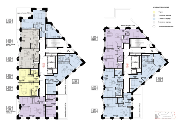 Building 2.1. Plan of typical (14-19th) floor. plan of 20-22nd floor. Basic apartment layout. Residential Complex on Orenburgsky Tract, Kazan. Architectural concept Copyright:  Liphart Architects