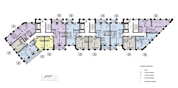 Building 2.2. Plan of typical (3rd) floor. Basic apartment layout. Residential Complex on Orenburgsky Tract, Kazan. Architectural concept Copyright:  Liphart Architects