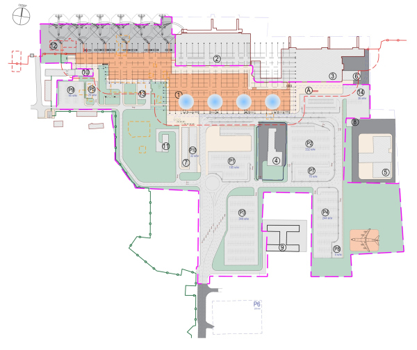 The master plan. The volumes of the new Terminal C are marked in orange. Tolmachevo Airport, Terminal C Copyright:  SPEECH