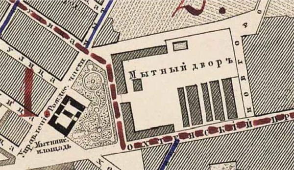 On the left is a half-square, preserved by the beginning of the 20th century, on the right warehouses, later demolished. Plan of the capital city of St. Petersburg, 1860. Copyright: from the Studio 44 album. Provided by the authors