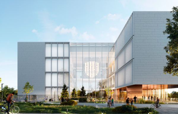 Town square, view from the square at Bogdan Khmelnitsky Bridge; entrance for high school students. Moscow Gymnasium #1. Copyright:  Sergey Skuratov ARCHITECTS