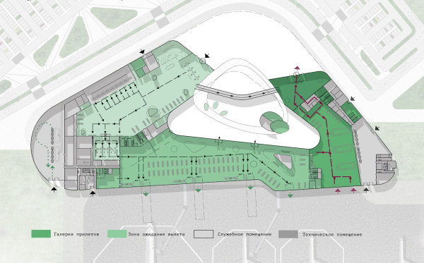 New passenger terminal of the Caucasus airport. The competition project. Fuctional zones on the 1 floor Copyright:  KPLN