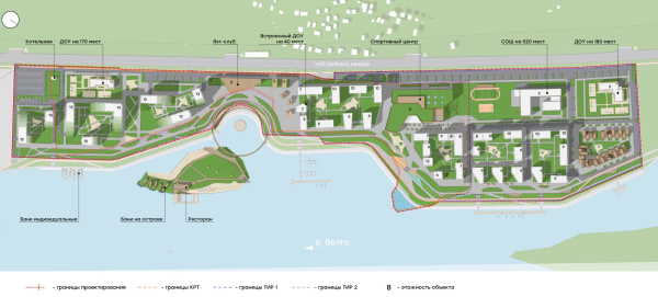 Architectural concept for the comprehensive development of the Grebnoy Canal embankment in Nizhny Novgorod. Master plan Copyright:  GORA Architects