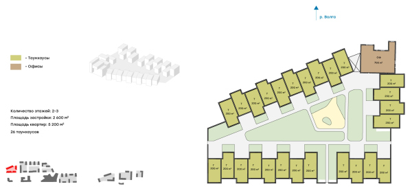 Architectural concept for the comprehensive development of the Grebnoy Canal embankment in Nizhny Novgorod. Layout plan. Cluster 1.1 Copyright:  GORA Architects