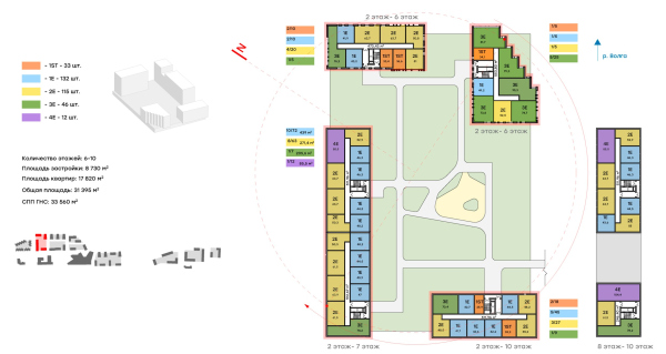 Architectural concept for the comprehensive development of the Grebnoy Canal embankment in Nizhny Novgorod. Layout plan. Cluster 1.2.1. Standard floors. Copyright:  GORA Architects