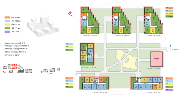 Architectural concept for the comprehensive development of the Grebnoy Canal embankment in Nizhny Novgorod. Layout plan. Cluster 1.2.2. Standard floors Copyright:  GORA Architects