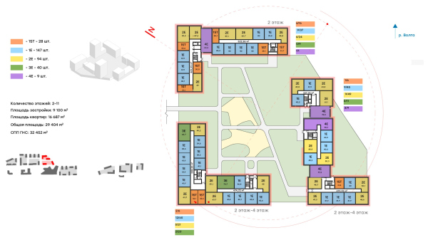 Architectural concept for the comprehensive development of the Grebnoy Canal embankment in Nizhny Novgorod. Layout plan. Cluster 2. Floors Copyright:  GORA Architects