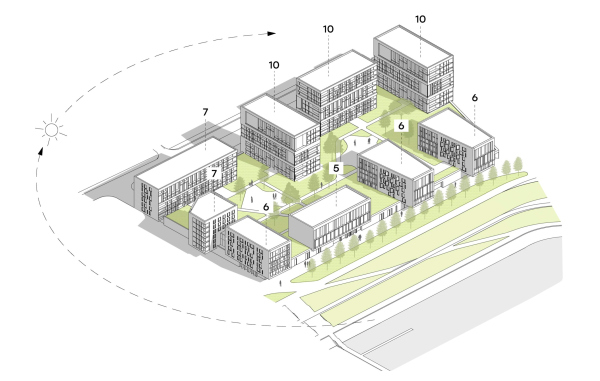 Architectural concept for the comprehensive development of the Grebnoy Canal embankment in Nizhny Novgorod. Layout plan. Cluster 3. Axonometric view Copyright:  GORA Architects