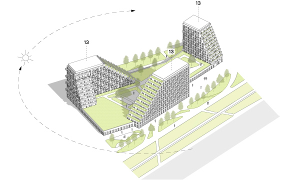 Architectural concept for the comprehensive development of the Grebnoy Canal embankment in Nizhny Novgorod. Layout plan. Cluster 4. Axonometric view Copyright:  GORA Architects