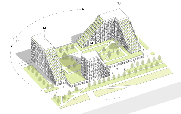 Architectural concept for the comprehensive development of the Grebnoy Canal embankment in Nizhny Novgorod. Layout plan. Cluster 5. Axonometric view Copyright:  GORA Architects