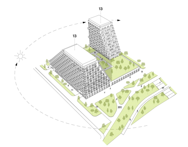 Architectural concept for the comprehensive development of the Grebnoy Canal embankment in Nizhny Novgorod. Layout plan. Cluster 6. Axonometric view Copyright:  GORA Architects