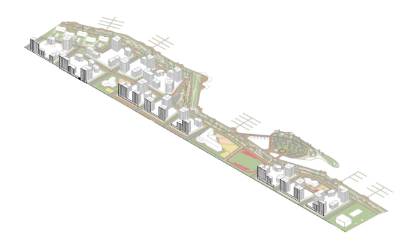 Architectural concept for the comprehensive development of the Rowing Channel waterfront in Nizhny Novgorod. Longitudinal section Copyright:  ASADOV Architects