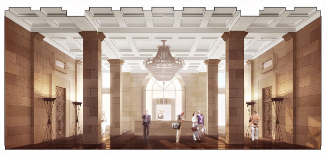Lobby with the reception desk. The building at 5, Pobedy Street. "Eugene Gerasimov and Partners"