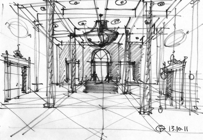 Sketch of the entrance lobby. The building at 5, Pobedy Street. "Eugene Gerasimov and Partners"