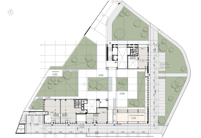 Предпроектное предложение строительства жилого комплекса на Новоалексеевской улице в Москве. План 1 этажа © Сергей Скуратов ARCHITECTS