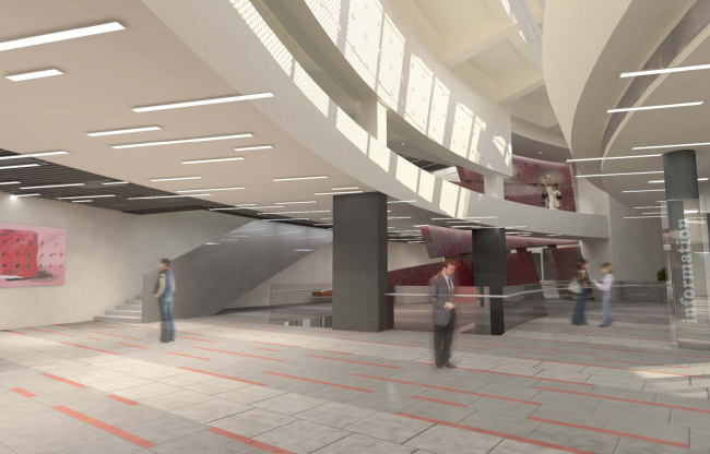 The lobby with a fragment of the red wall. The museum building in "New Jerusalem". Project, 2013  City-Arch