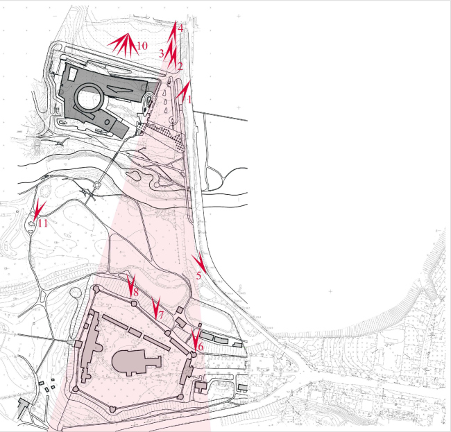 Calculation of the lines of vision and viewing perspectives from the museum to the monastery and backwards. The museum building in "New Jerusalem"  City-Arch