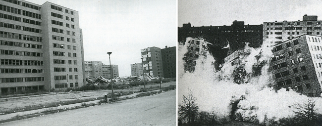����� �������� Pruitt-Igoe � ����-����� (���. ������ �������, 1954) ����������� ������� ������� ������������ � ��� ������� ����� ����� 17-�� ��� ������������. �������� ���� ����� ������ ���������� �  ������� ���������� ������������ � �������� ������� � ������� ����� ����������� � ������������������� ��������. ����� ���� �� ����������������� ��������� ���� ��������� �� ������������� �����������, ������ ������� ����� ������������ ������. ���������� ������������� �������� ��������