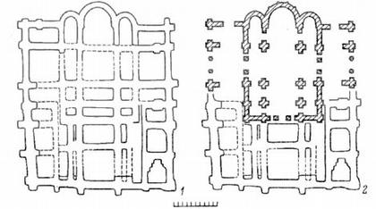 Киев. Десятинная церковь. 
1 - план фундаментов, 2 - частичная схематическая реконструкция плана.
 Киев. Десятинная церковь. 
1 - план фундаментов, 2 - частичная схематическая реконструкция плана.