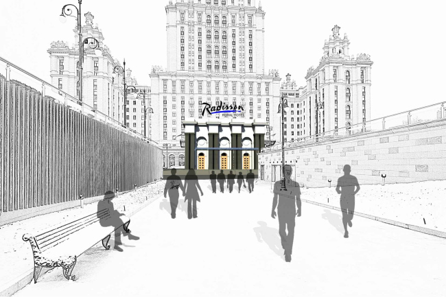 Проект архитектурного решения входной группы гостиницы «Украина». Педро Мигель Эстрела ди Алмейда (Португалия).  © КБ «Стрелка»