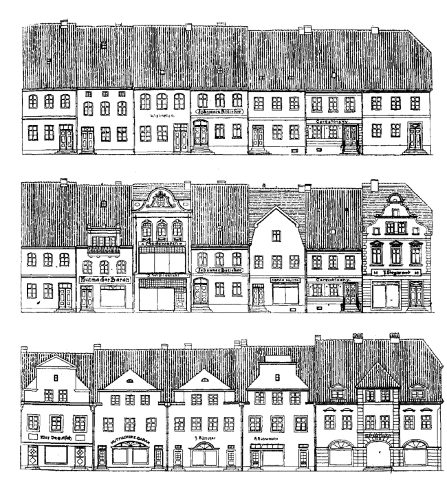 Фасады рыночной площади: начало XIX века, конец XIX века, после восстановления. Изображение предоставлено Дмитрием Сухиным