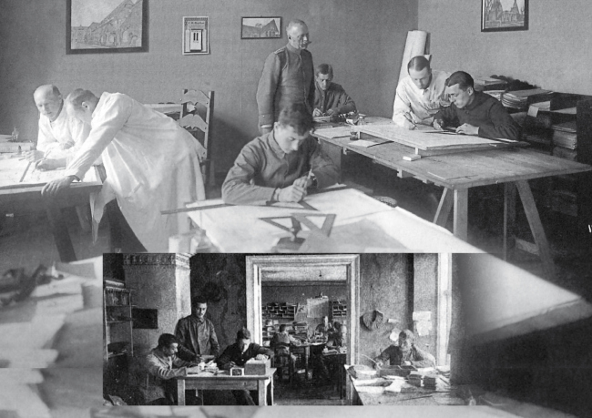 Проектное бюро в Гумбиннене, стоят: слева Шарун, справа Крухен, сидят в униформе – военнопленные. Изображение предоставлено Дмитрием Сухиным