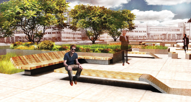 The square opposite the grand entrance. Concept of organizing the territory of the business and office center "Savelovsky City" � T+T Architects