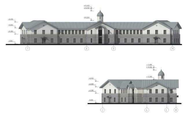 Parish house. Facade in the axes 1-14 © Eugene Gerasimov and Partners