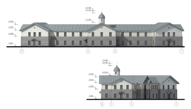 Parish house. Facade in the axes 14-1  Eugene Gerasimov and Partners