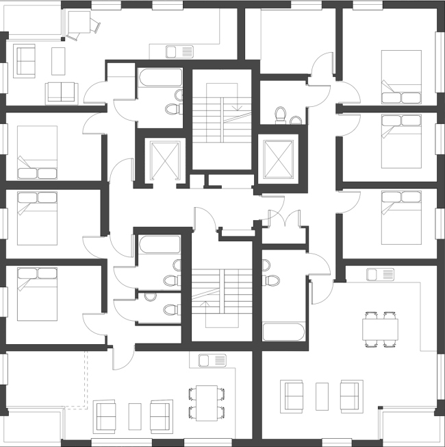 Жилой дом Stadhaus в Лондоне. План 2-4-го этажей © Waugh Thistleton Architects