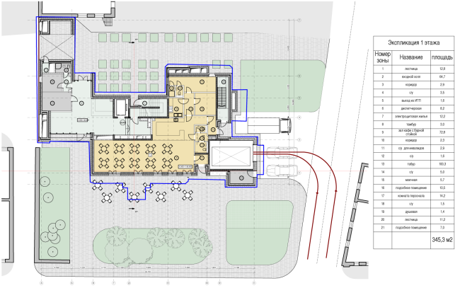 Схема плана 1 этажа. Гостиница с апартаментами и подземной автостоянкой в Электрическом переулке, 2014 © Мастерская архитектора Бавыкина