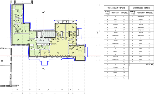 Схема плана 3 этажа. Гостиница с апартаментами и подземной автостоянкой в Электрическом переулке, 2014 © Мастерская архитектора Бавыкина