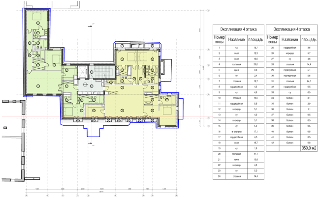 Схема плана 4 этажа. Гостиница с апартаментами и подземной автостоянкой в Электрическом переулке, 2014 © Мастерская архитектора Бавыкина