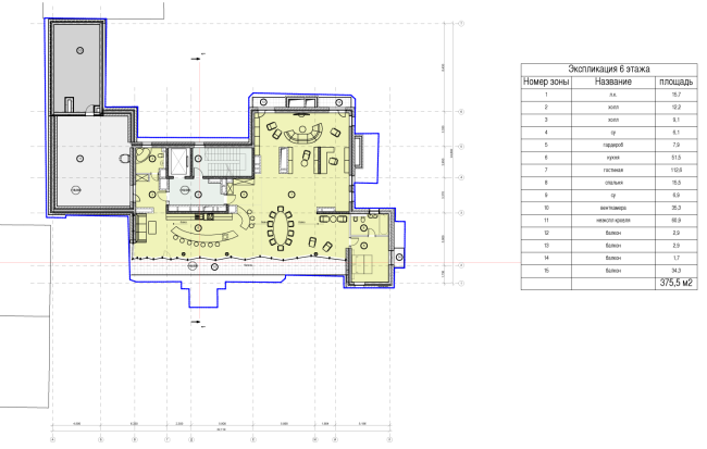 Схема плана 6 этажа. Гостиница с апартаментами и подземной автостоянкой в Электрическом переулке, 2014 © Мастерская архитектора Бавыкина